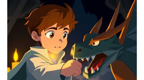 A charming prince with light brown hair and bright eyes bravely battles a fearsome dragon in a stunning animation style remin