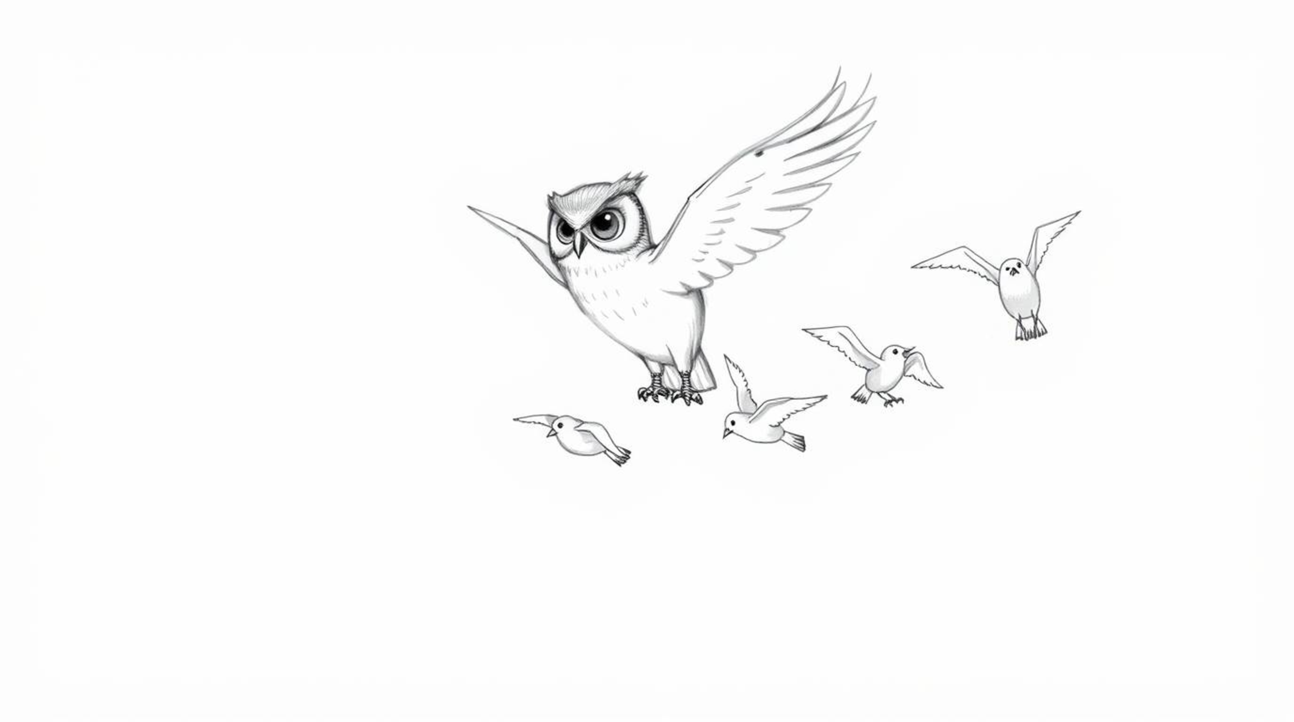 A heartwarming hand-drawn sketch in the style of Pixar depicts a blind owl, rendered with soft pencil strokes, teaching a flo