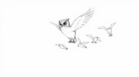 A heartwarming hand-drawn sketch in the style of Pixar depicts a blind owl, rendered with soft pencil strokes, teaching a flo