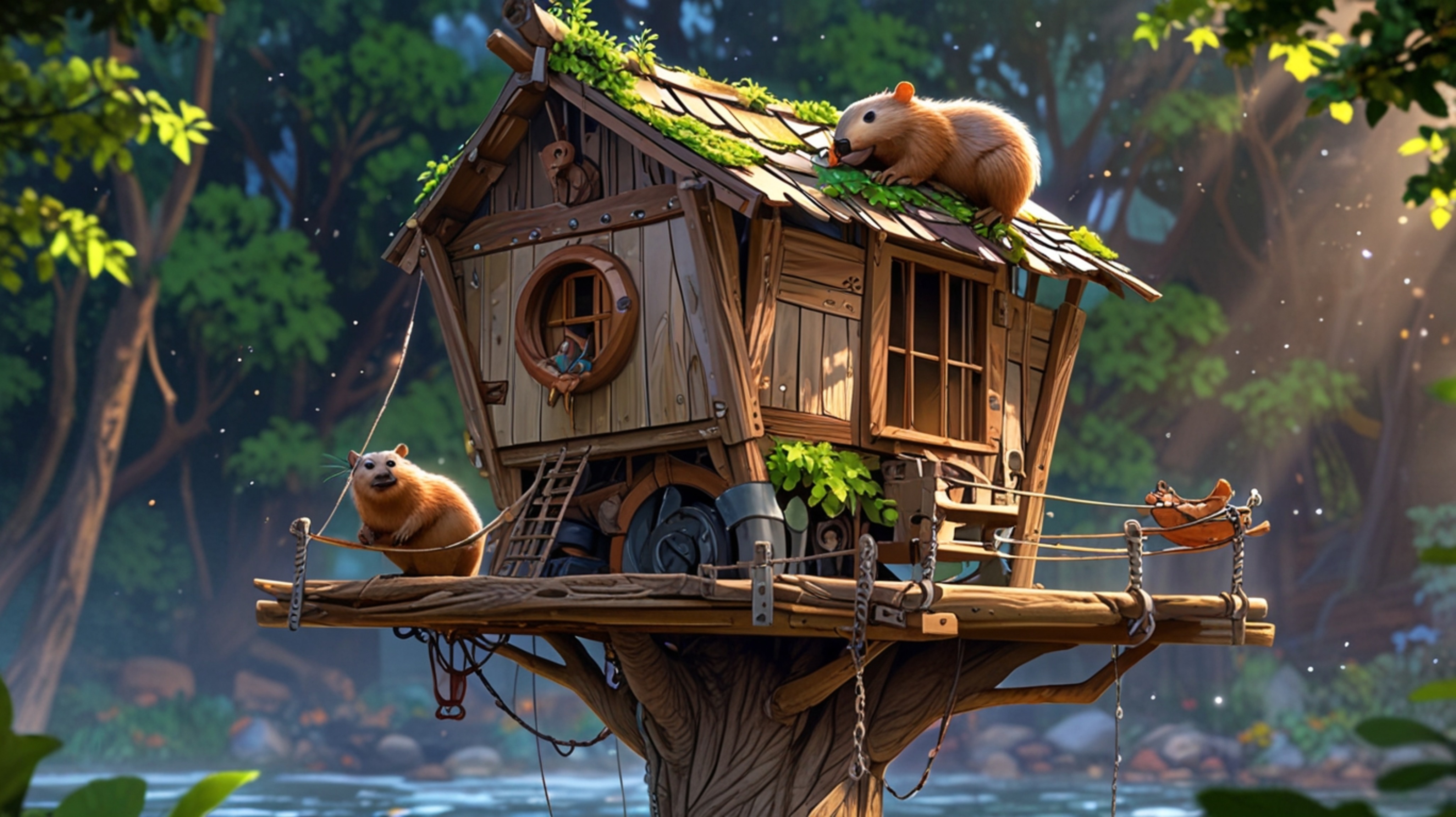 A high-resolution stock photo captures a whimsical scene, blending Pixar and anime styles, of a beaver building the perfect t