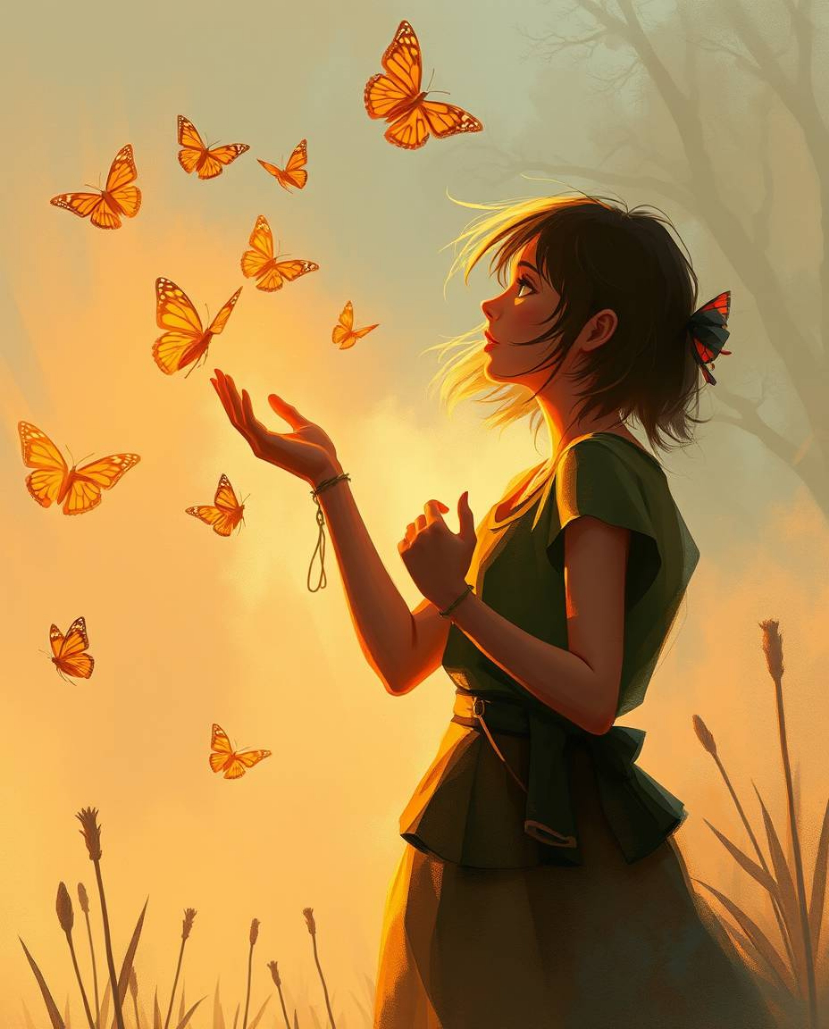 A digital sketch portrays a girl releasing butterflies in the warm golden hour light, rendered with loose painterly strokes. 
