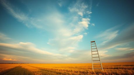 A minimalist scene featuring a silver ladder standing in an open field under a wide, cloudy sky, captured in the warm, golden