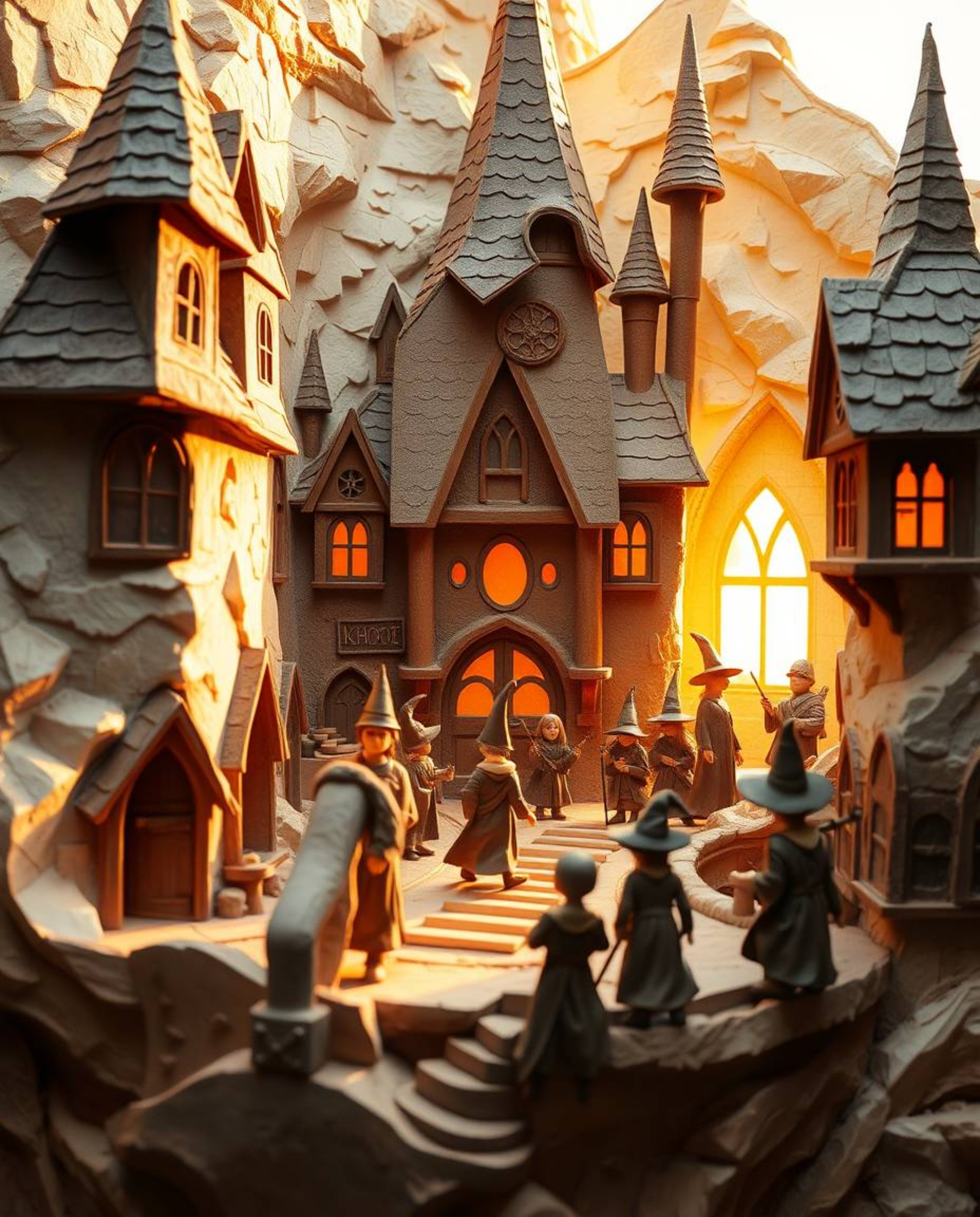 This layered papier-mâché sculpture beautifully captures a magical school teeming with young wizards. Bathed in the warm, sof