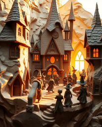 This layered papier-mâché sculpture beautifully captures a magical school teeming with young wizards. Bathed in the warm, sof