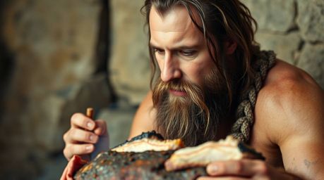 A high-resolution stock photo depicting a calm caveman cooking mammoth meat, rendered in soft pastel colors with commercial q