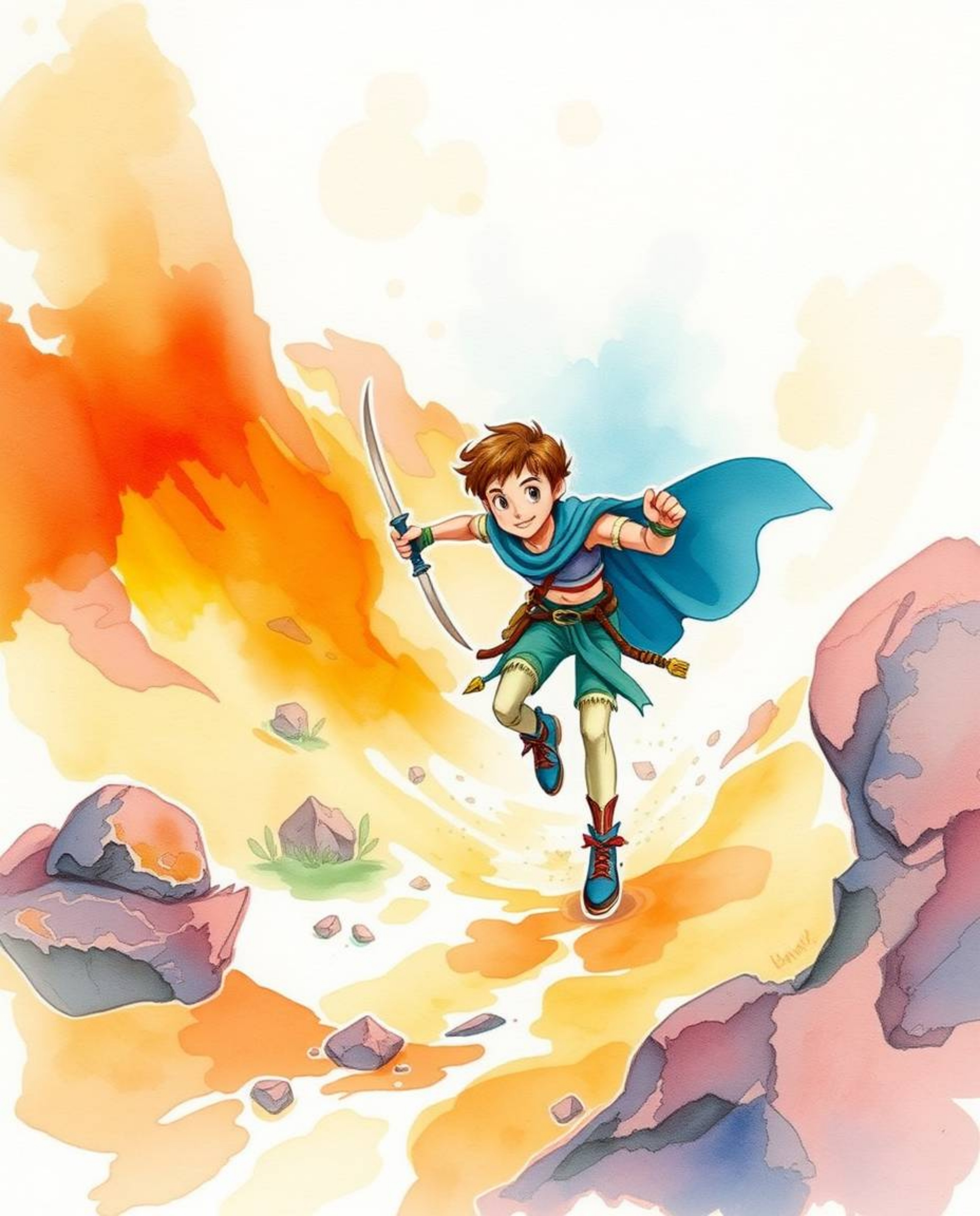 Immerse yourself in a delicate watercolor painting depicting a brave hero's Disney-style desert adventure. The artwork featur