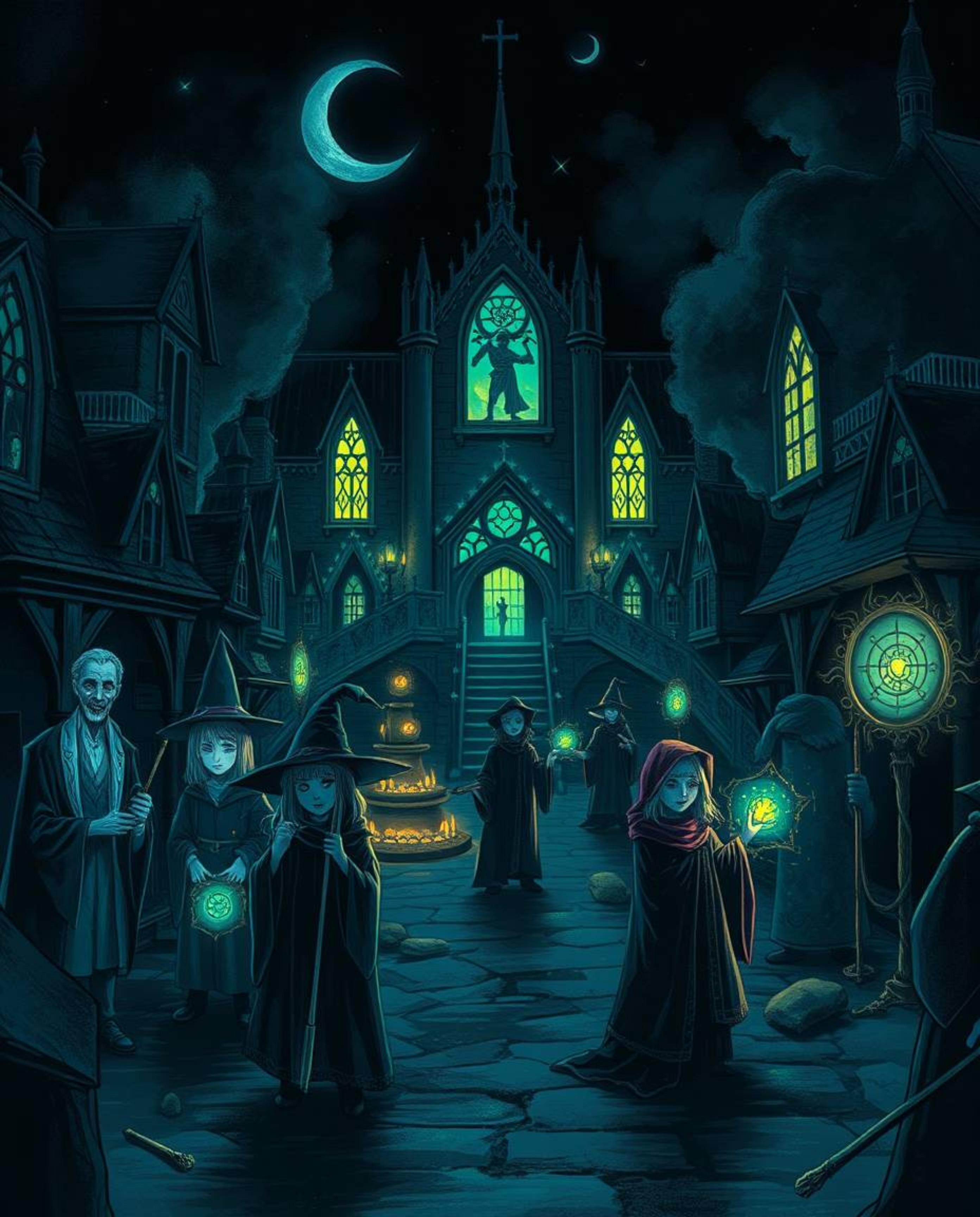 Discover an eerie, creepy illustration of a magical school brimming with young wizards.  Illuminated by glowing bioluminescen