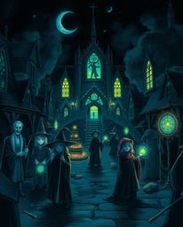 Discover an eerie, creepy illustration of a magical school brimming with young wizards.  Illuminated by glowing bioluminescen