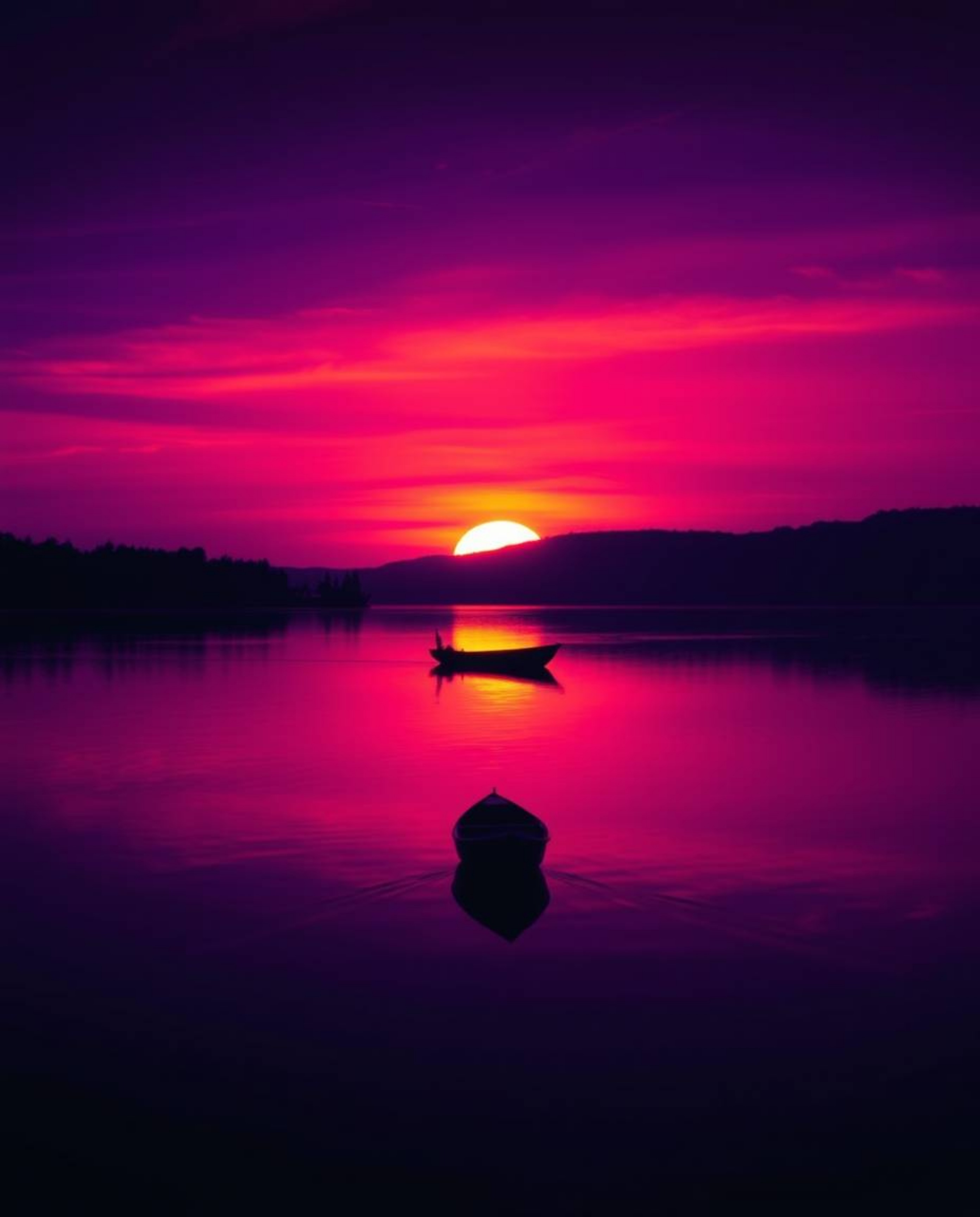 This is a high-contrast image that captures a boat drifting on a lake at sunset. The scene is rendered in vivid purples and d