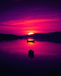 This is a high-contrast image that captures a boat drifting on a lake at sunset. The scene is rendered in vivid purples and d