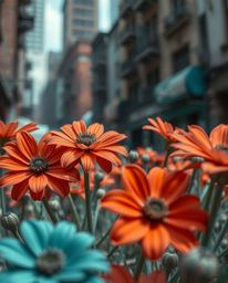 Explore an extreme macro view of warm terracotta and cool teal flowers thriving amidst the ruins of a post-apocalyptic city. 
