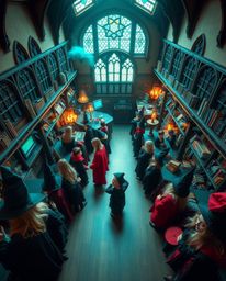 Explore a breathtaking high-angle perspective of a magical school teeming with young wizards. The scene explodes with vibrant