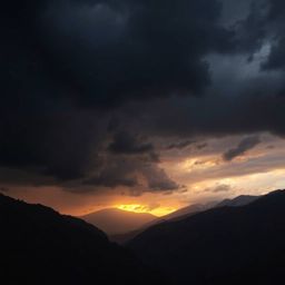 Capture the intense drama of a sunset over a tranquil mountain valley. This image features a moody atmosphere with low contra