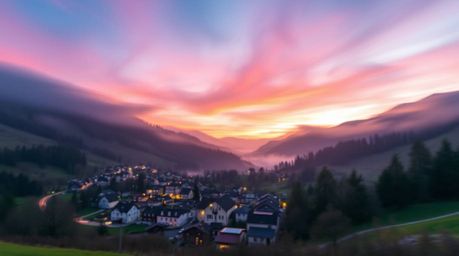 A captivating long exposure photograph showcases a cozy village nestled in a valley, bathed in the vibrant hues of a colorful
