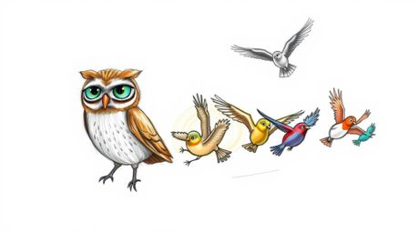 A heartwarming hand-drawn sketch in the style of Pixar depicts a gentle, blind owl with soft, textured pencil strokes leading