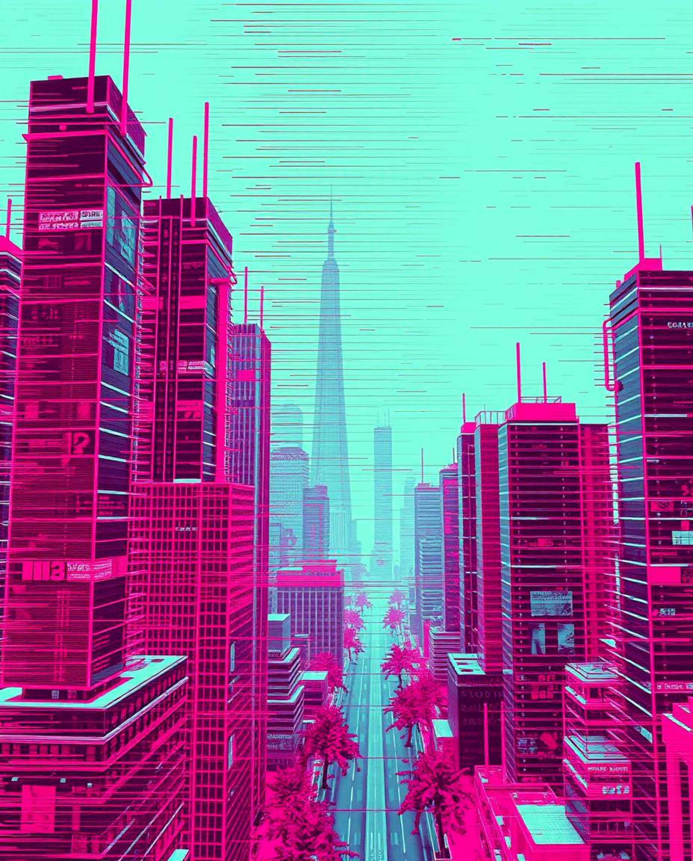 Explore a surreal depiction of a glitchy digital landscape featuring distorted skyscrapers and atmospheric static noise, all 