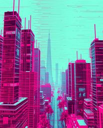 Explore a surreal depiction of a glitchy digital landscape featuring distorted skyscrapers and atmospheric static noise, all 