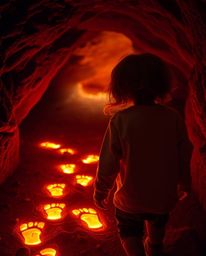 A high-resolution stock photo showcasing a child with light brown hair venturing into a cave, guided by a trail of glowing or