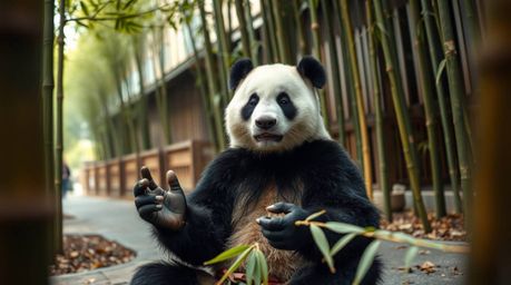 Discover stunning extreme macro candid street photography of a martial artist panda meditating serenely in a bamboo forest. T