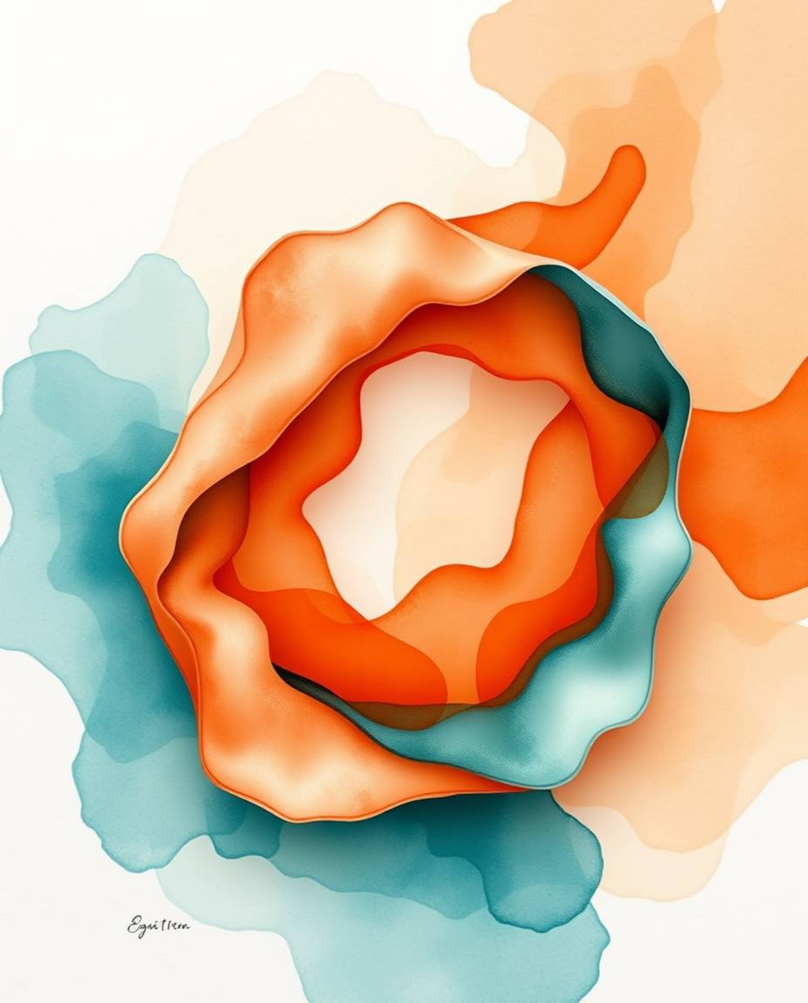 A mesmerizing blend of warm terracotta and cool teal hues come to life in a delicate watercolor painting. Experience the capt