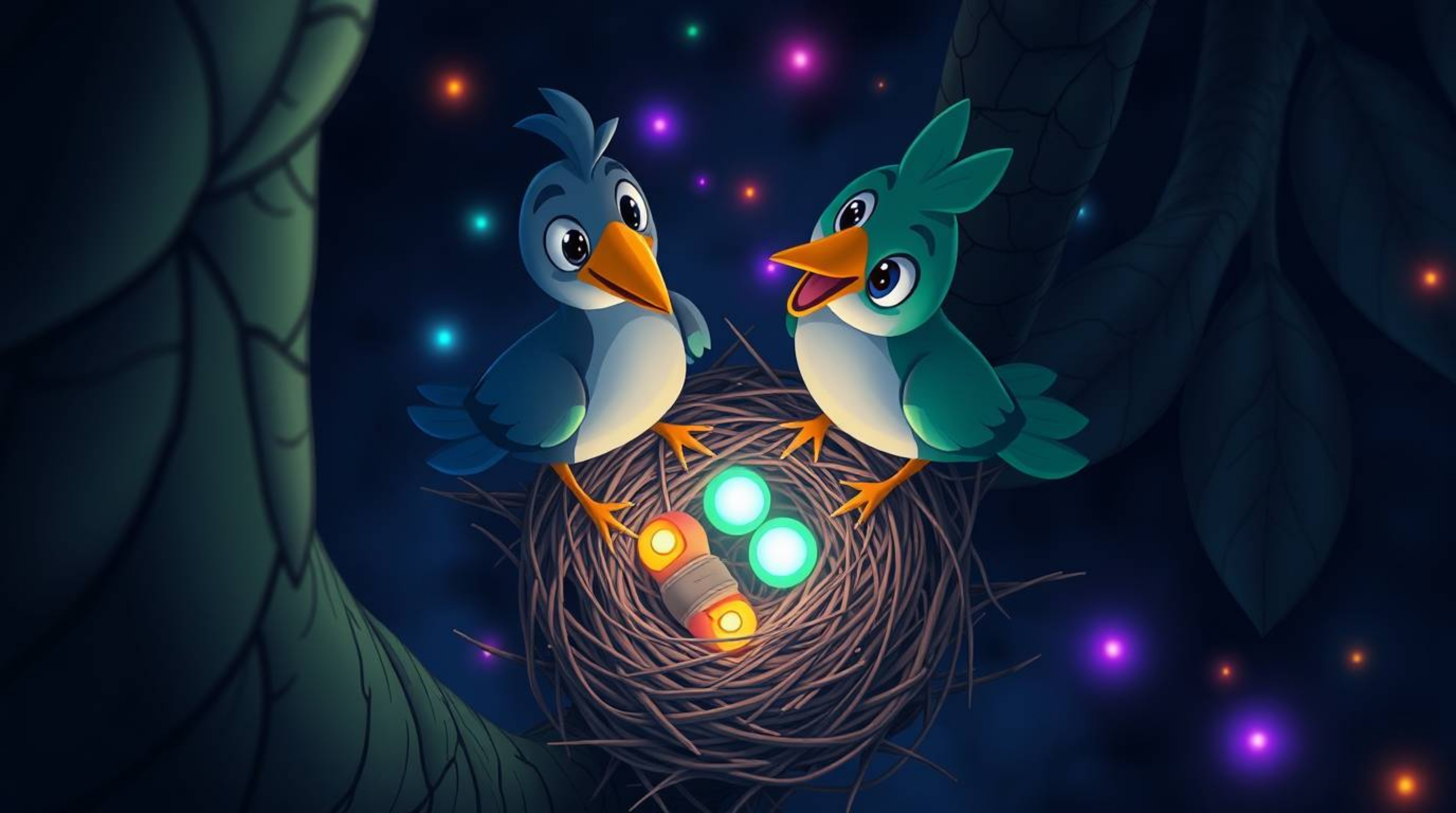A captivating high-angle perspective showcases two cartoon birds in a classic animation style diligently building a nest. The