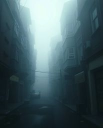 Immerse yourself in a surreal street scene where buildings fold and twist within a thick fog, creating an atmosphere of low v