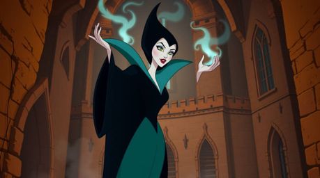 A classic Disney villain is captured mid-spell in an ancient castle, radiating an aura of both elegance and malice. The scene