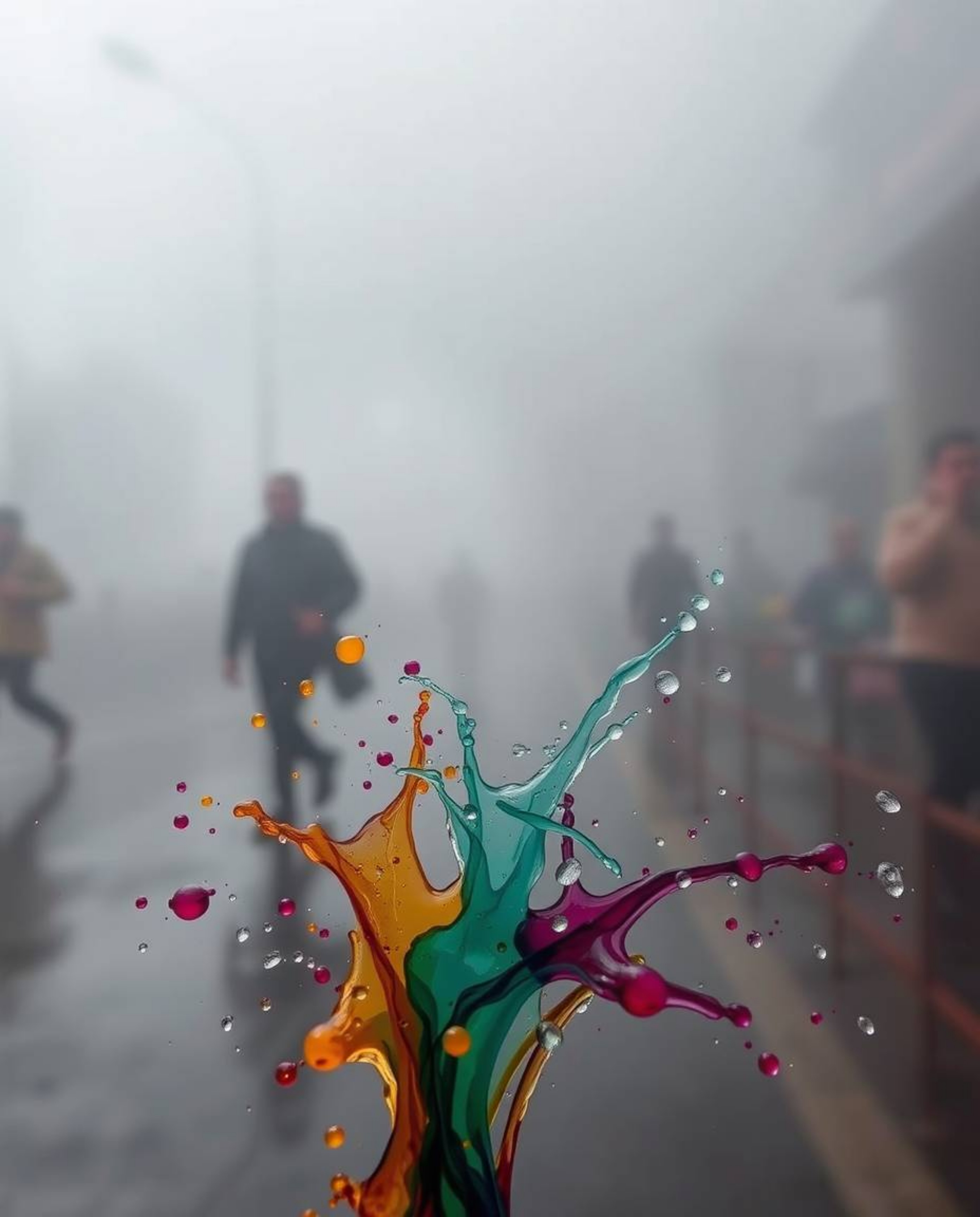 Explore the art of candid street photography intertwined with the ethereal beauty of thick fog, the abstract dynamism of ink 