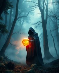 A captivating image of a cloaked figure within a misty forest, holding a luminous orb. This dreamlike, surreal scene boasts f