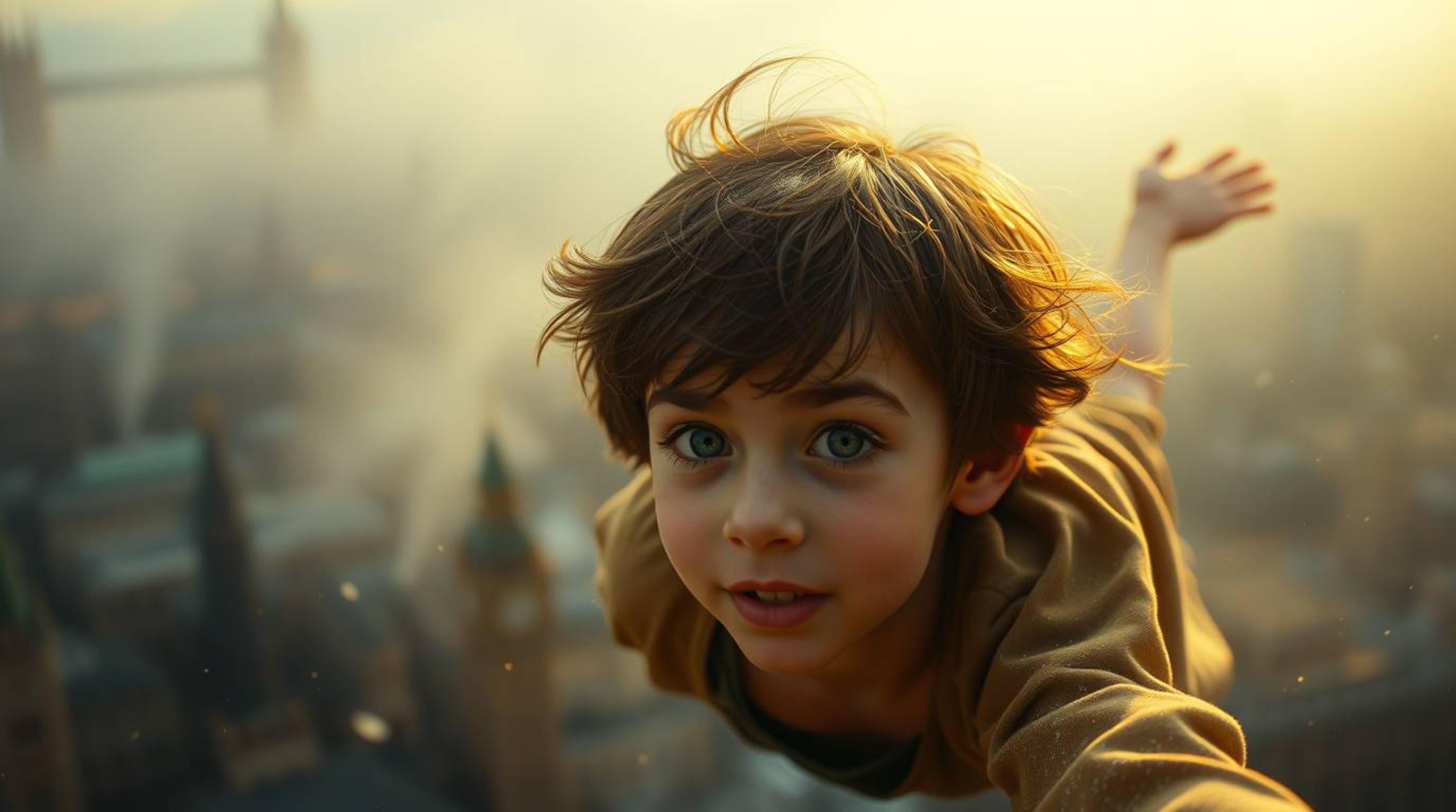A captivating scene featuring a young boy with tousled brown hair and bright eyes soaring above a partially visible London, p