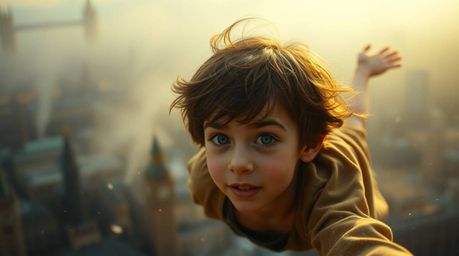 A captivating scene featuring a young boy with tousled brown hair and bright eyes soaring above a partially visible London, p