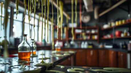 Explore a slime-covered science lab bathed in a mystic and enchanting atmosphere, created by a soft, blurred bokeh effect. Th