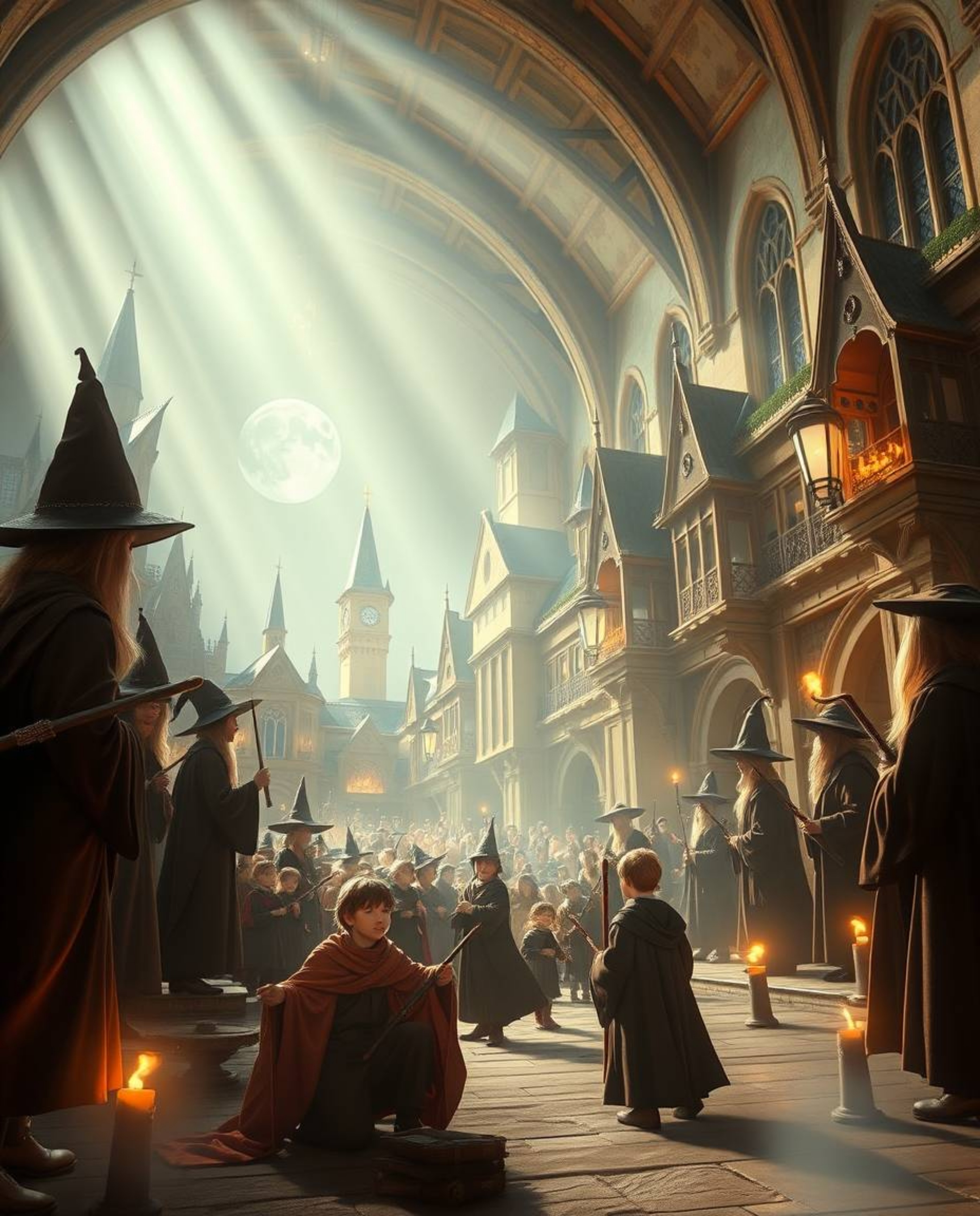 Immerse yourself in an epic scene depicting a magical school teeming with young wizards, bathed in the breathtaking lens glow