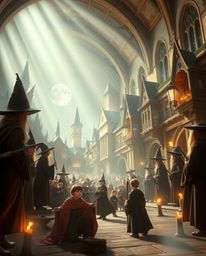 Immerse yourself in an epic scene depicting a magical school teeming with young wizards, bathed in the breathtaking lens glow
