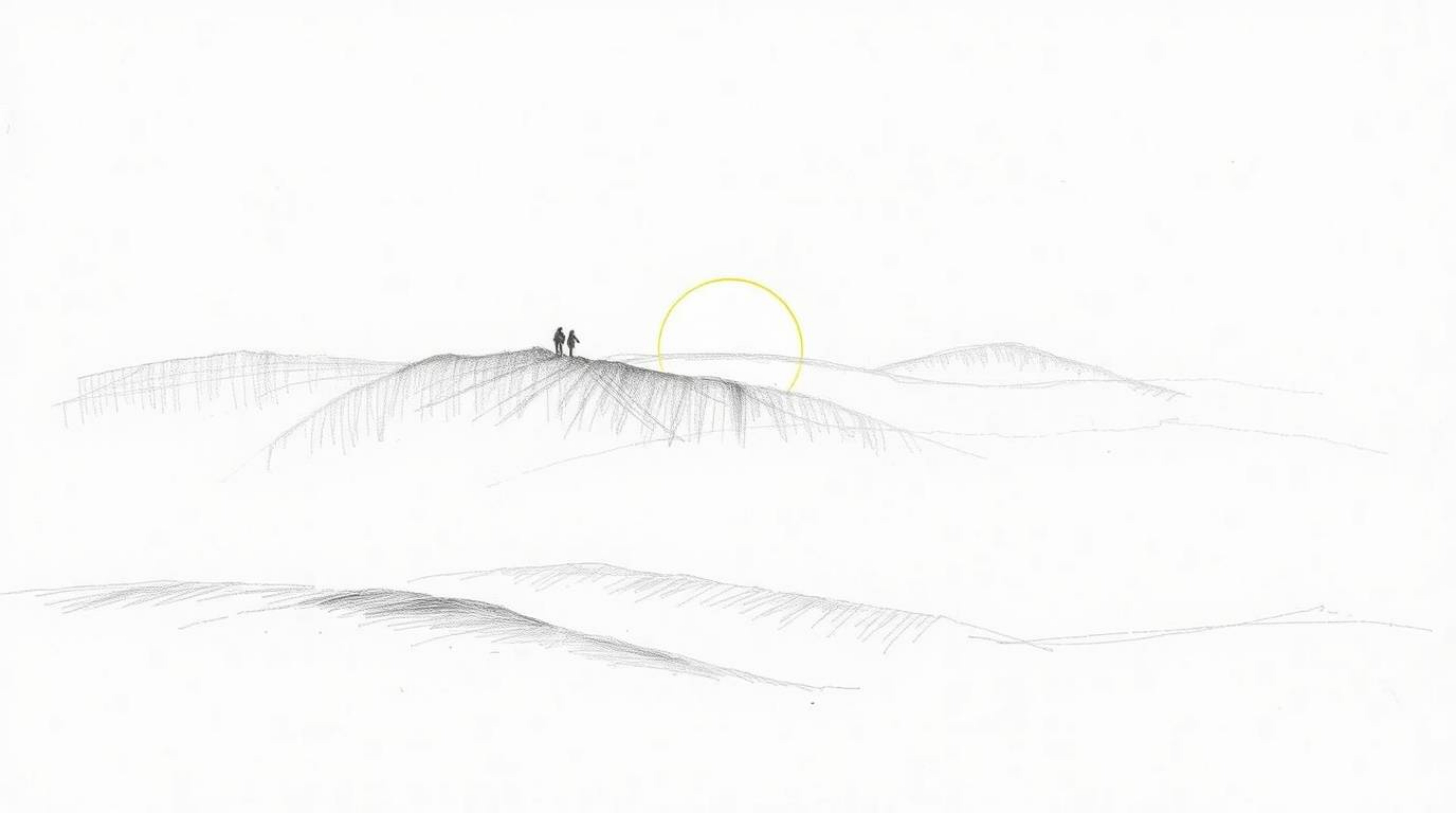 A captivating hand-drawn sketch depicting fog-covered hills bathed in the warm glow of a setting sun.  The artwork evokes an 
