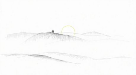 A captivating hand-drawn sketch depicting fog-covered hills bathed in the warm glow of a setting sun.  The artwork evokes an 