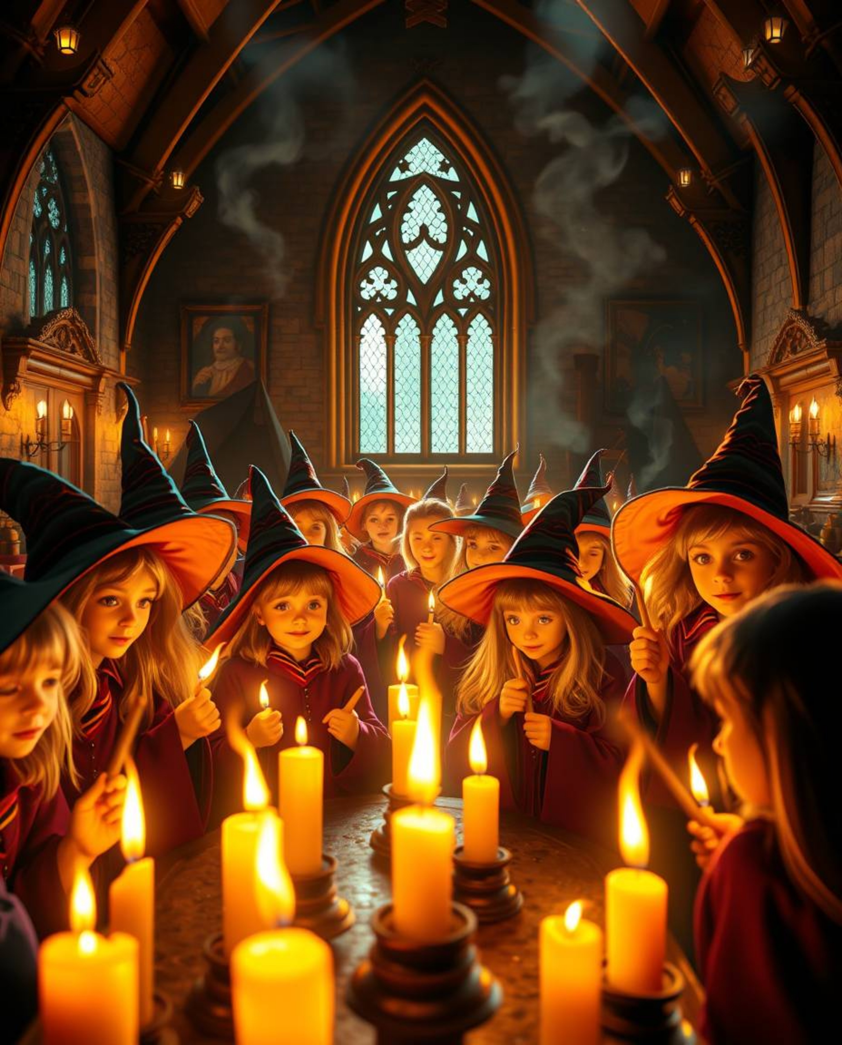 Discover a captivating image of a magical school brimming with young wizards.  The scene is bathed in the warm glow of flicke