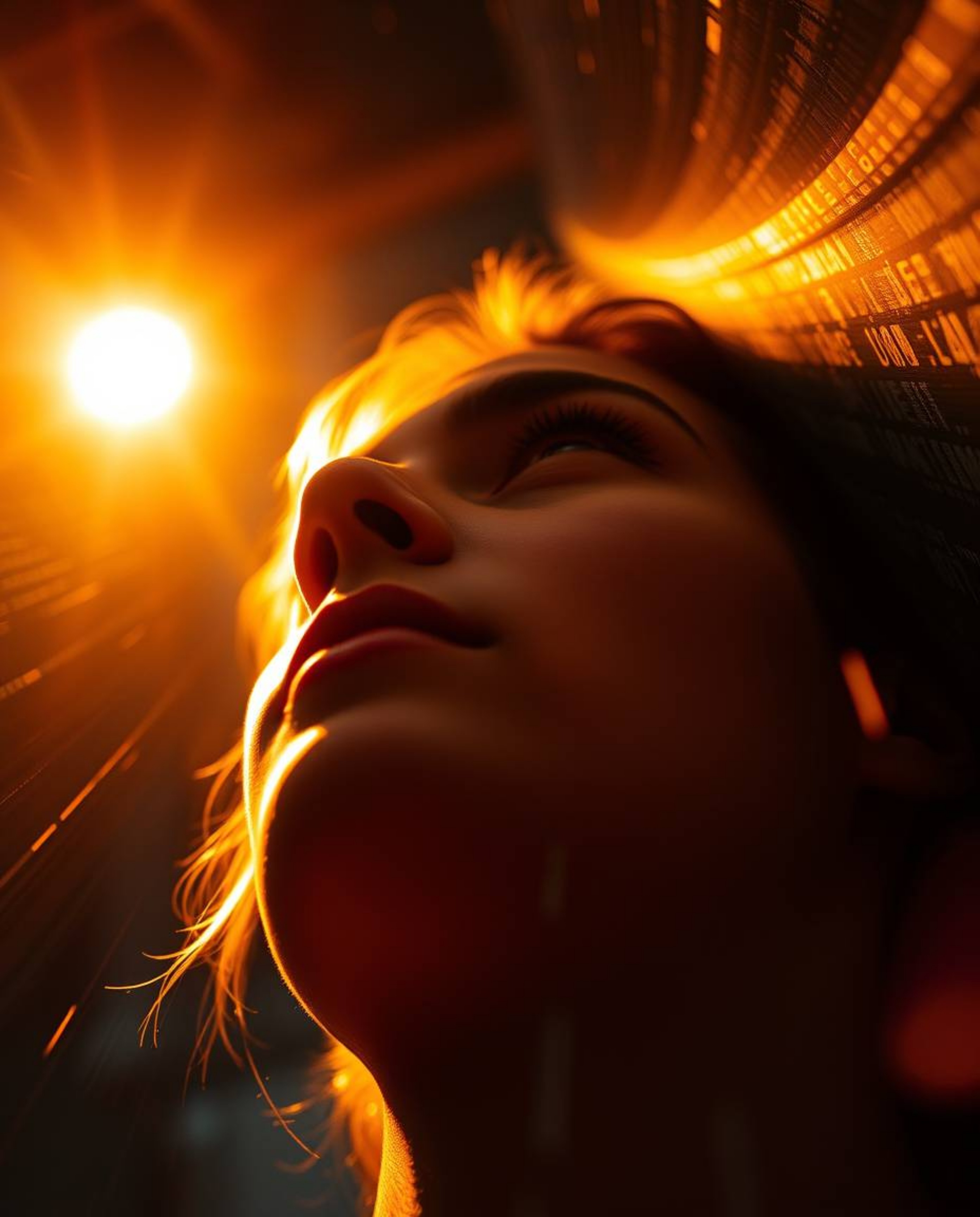 A captivating image showcasing a human face digitally glitching into a vibrant data stream, bathed in the warm glow of golden