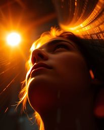 A captivating image showcasing a human face digitally glitching into a vibrant data stream, bathed in the warm glow of golden