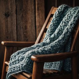 A cozy scene featuring a hand-knitted scarf artfully draped over a rustic wooden chair, complemented by a pair of warm mitten