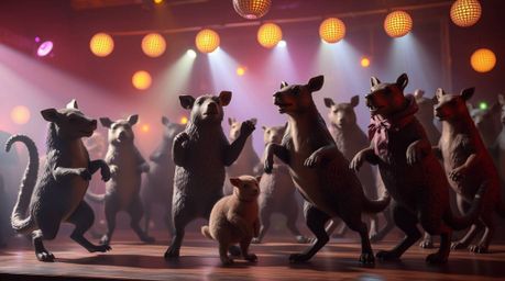 Experience a whimsical animal dance party bathed in shimmering disco lights, rendered in a unique cast bronze style. The scen