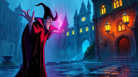 Witness a classic Disney villain casting a powerful spell within the confines of an aged castle, set against a backdrop of re
