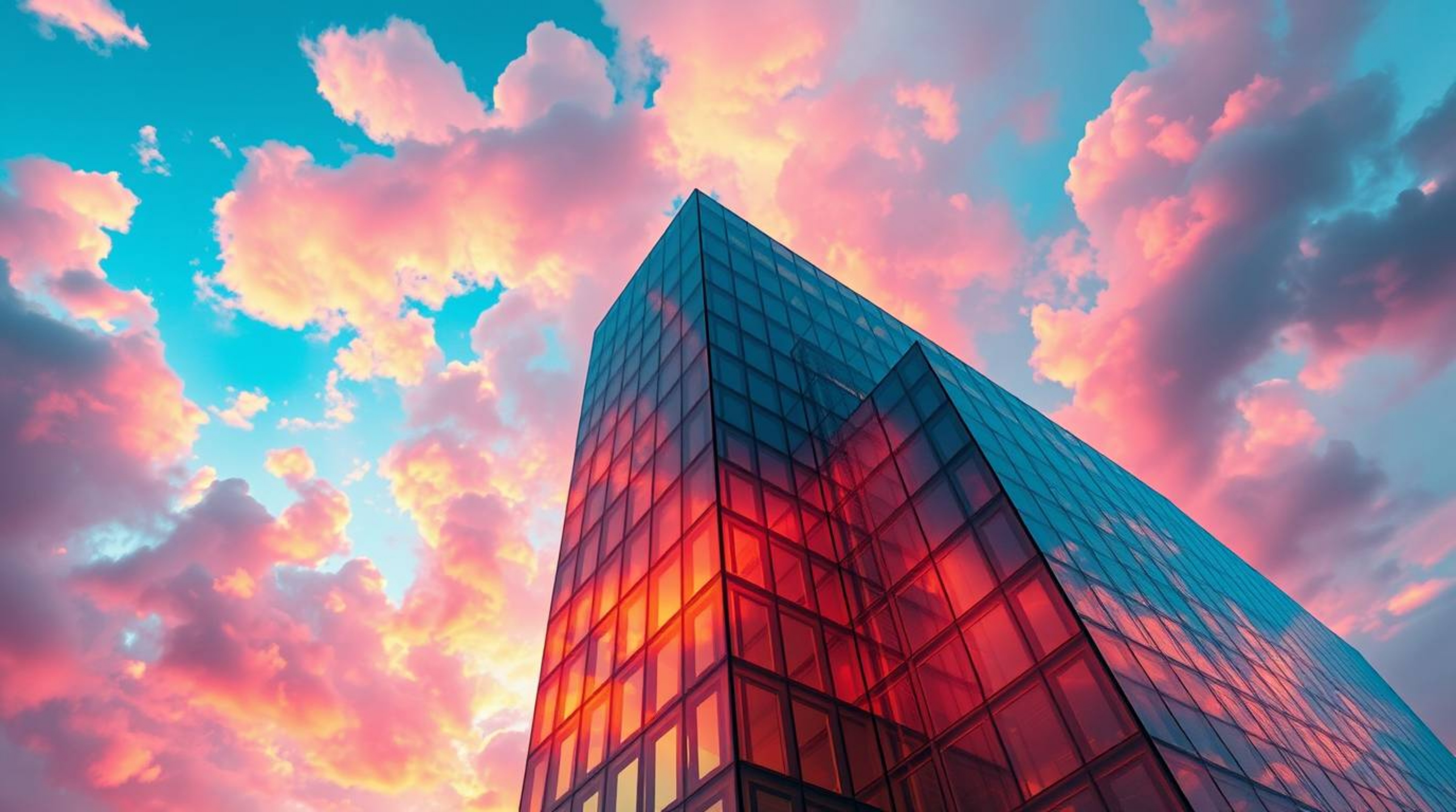 A modern glass building seamlessly blends into a vibrant electric sky, with soft clouds dissolving into its structure. This c