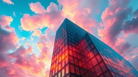 A modern glass building seamlessly blends into a vibrant electric sky, with soft clouds dissolving into its structure. This c