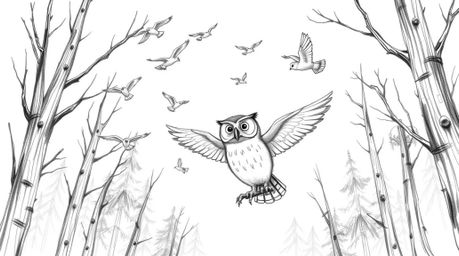A heartwarming hand-drawn sketch in the style of Pixar animation depicts a kind, blind owl guiding birds in flight through a 