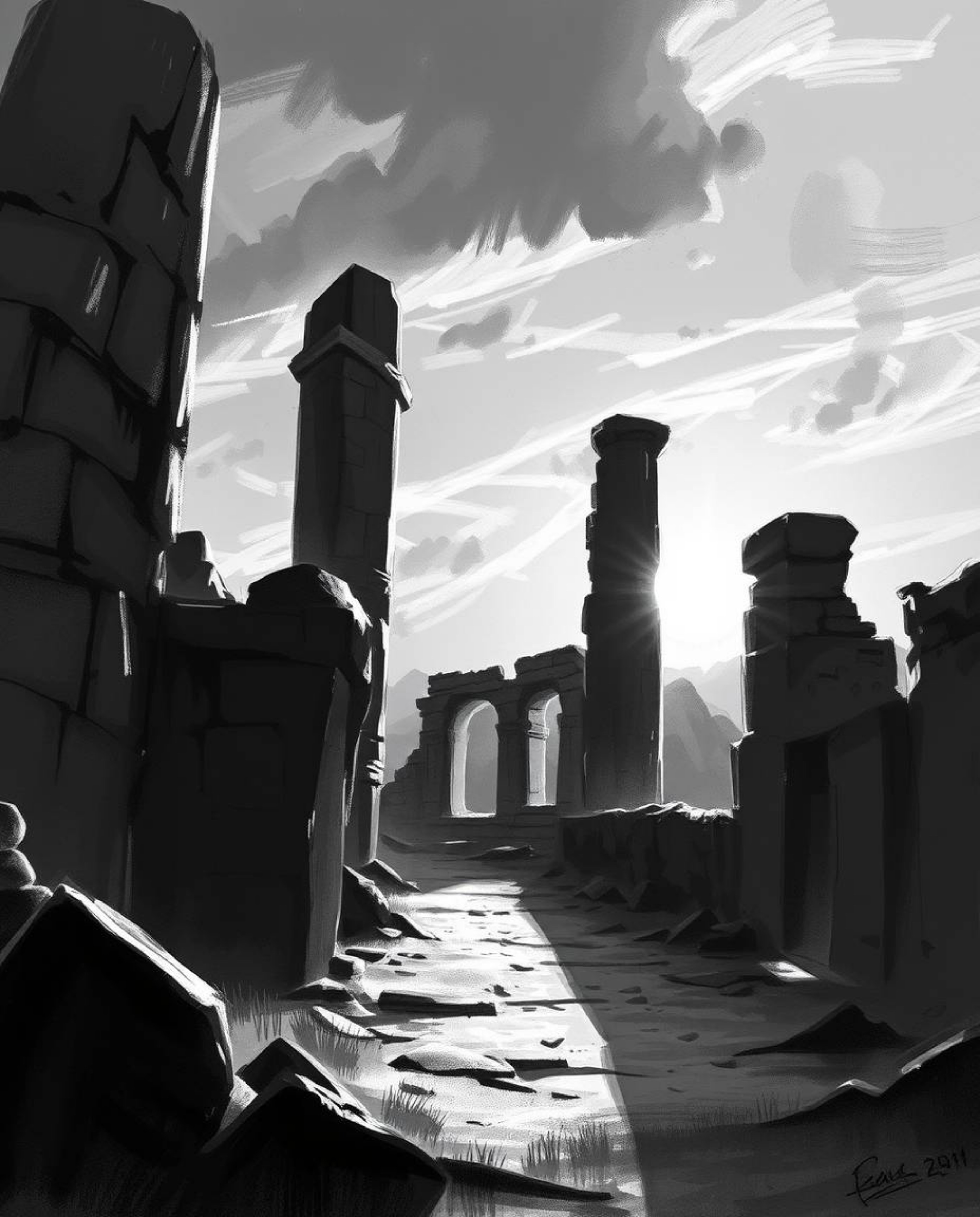 A dynamic digital sketch in classic black and white depicts a sunset casting shadows through ancient stone ruins. The artwork