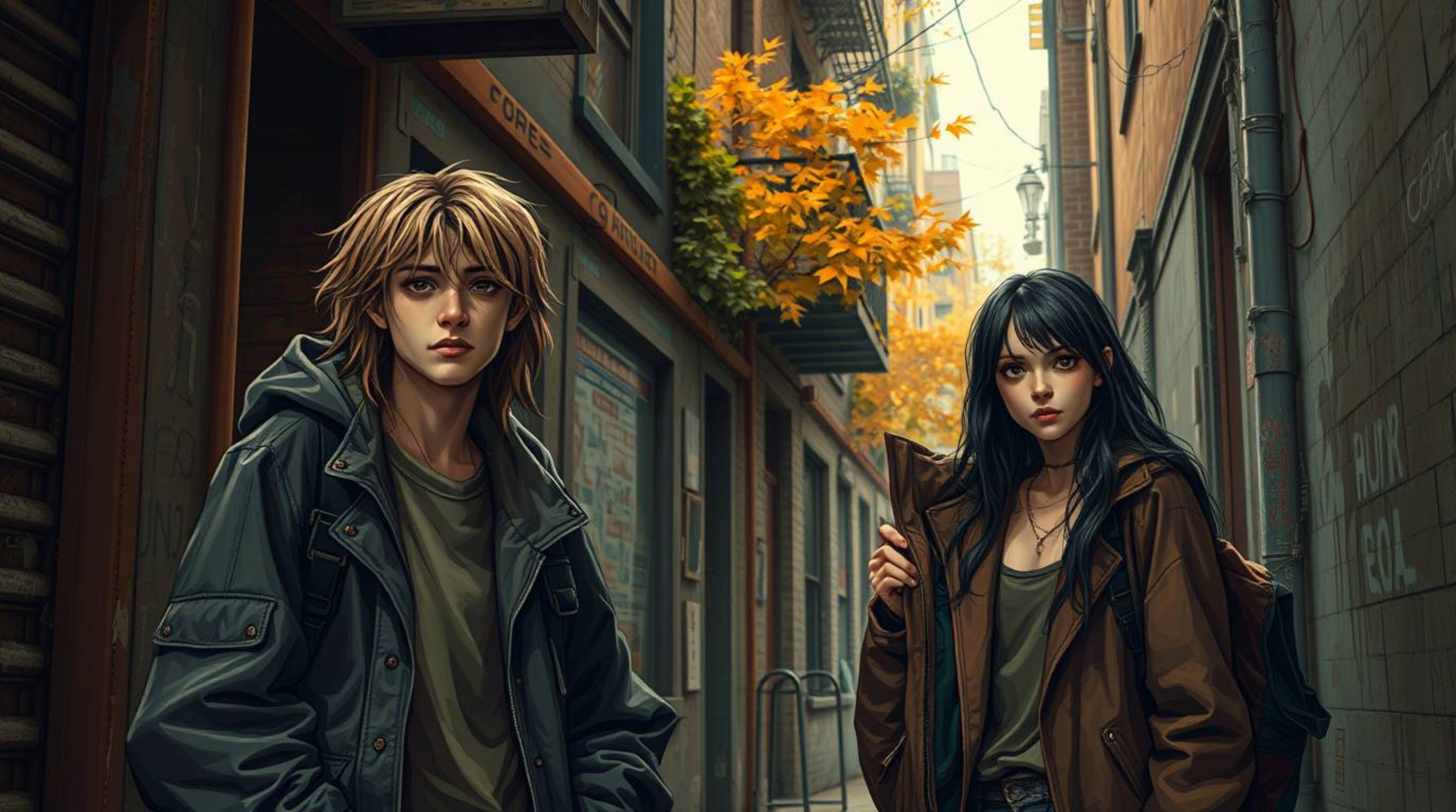 A captivating image showcasing a grungy city alley bathed in warm autumn hues.  Rebellious teenagers, depicted in earthy and 