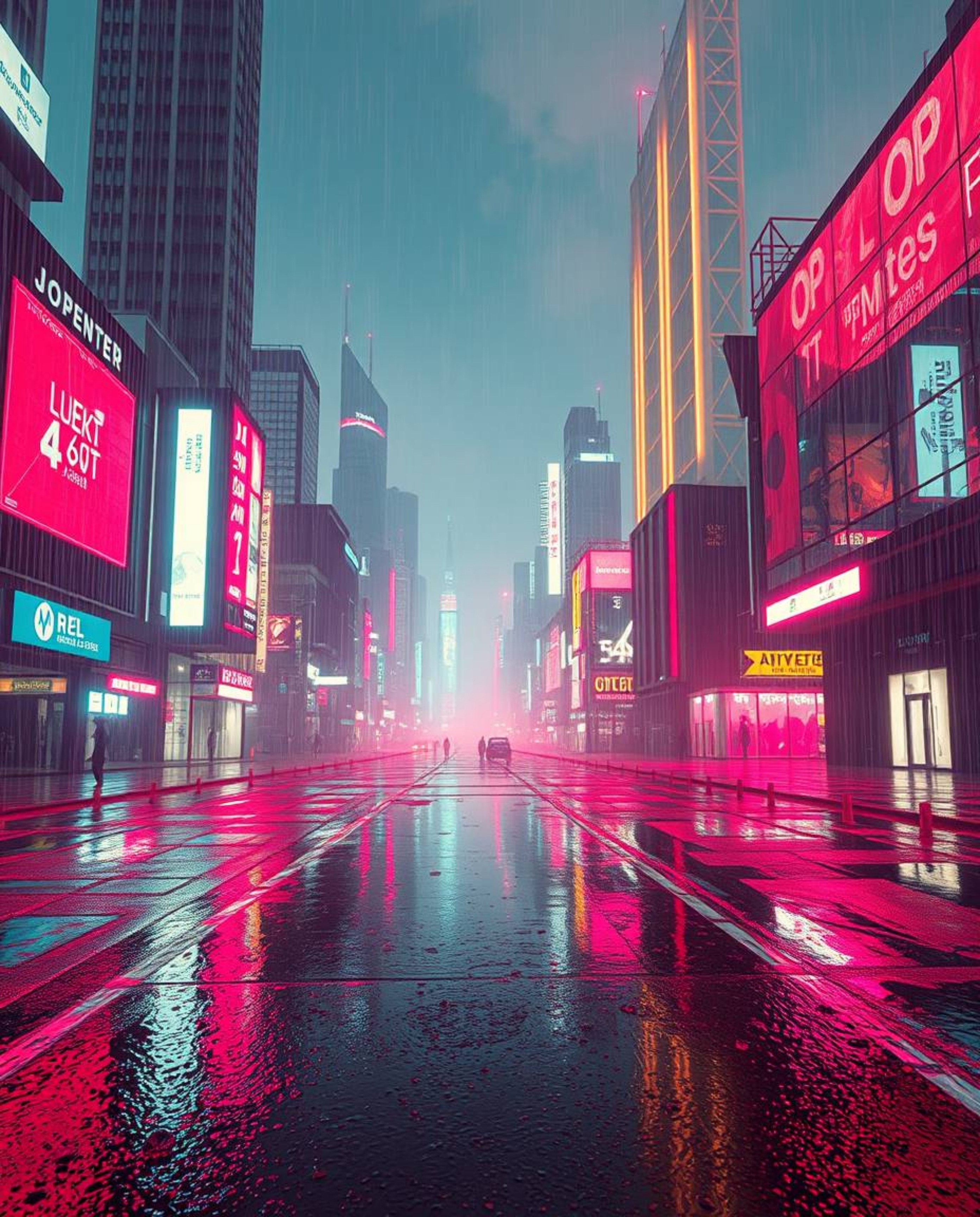 Experience a surreal, infrared-toned depiction of a futuristic city overwhelmed by a glitch effect.  Flickering lights, broke
