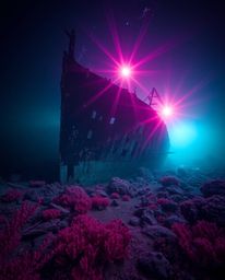 Explore a surreal underwater world with this captivating image of a shipwreck illuminated by vibrant infrared tones and strik