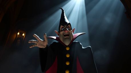 A charming Disney villain is illuminated by volumetric lighting as they cast a spell within the walls of an old castle. Beams